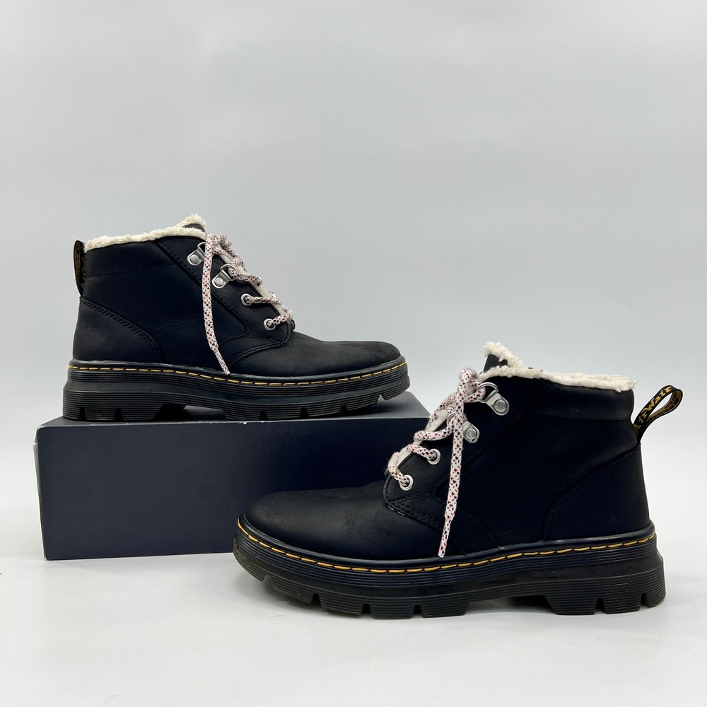 Dr. Martens Combs II Boots Women 8 Black Faux Fur Leather Combat Lug Sole Ankle